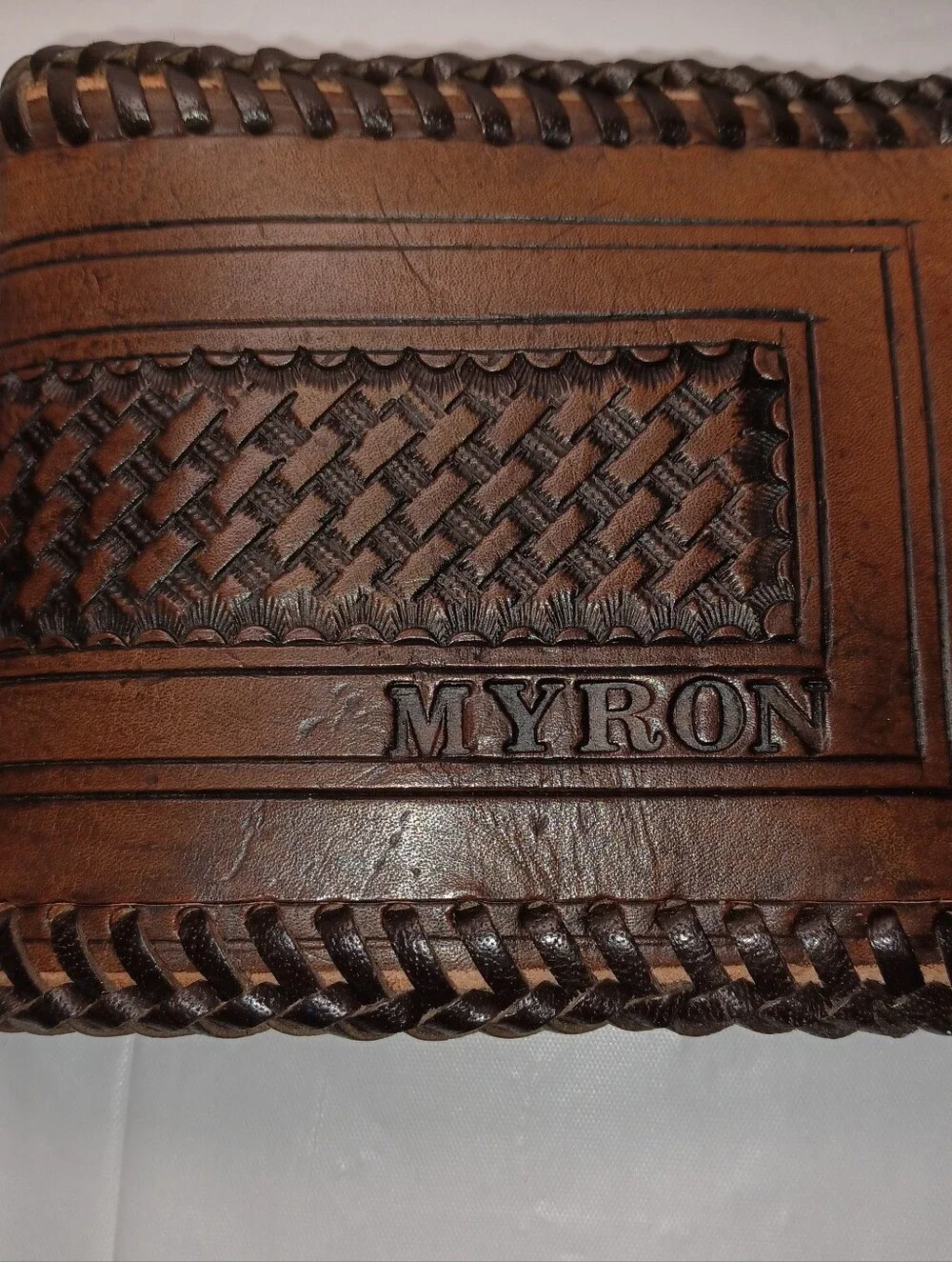 Brown Leather Men’s Wallet - Hand-Tooled Bifold.  MYRON  Embossed On Front